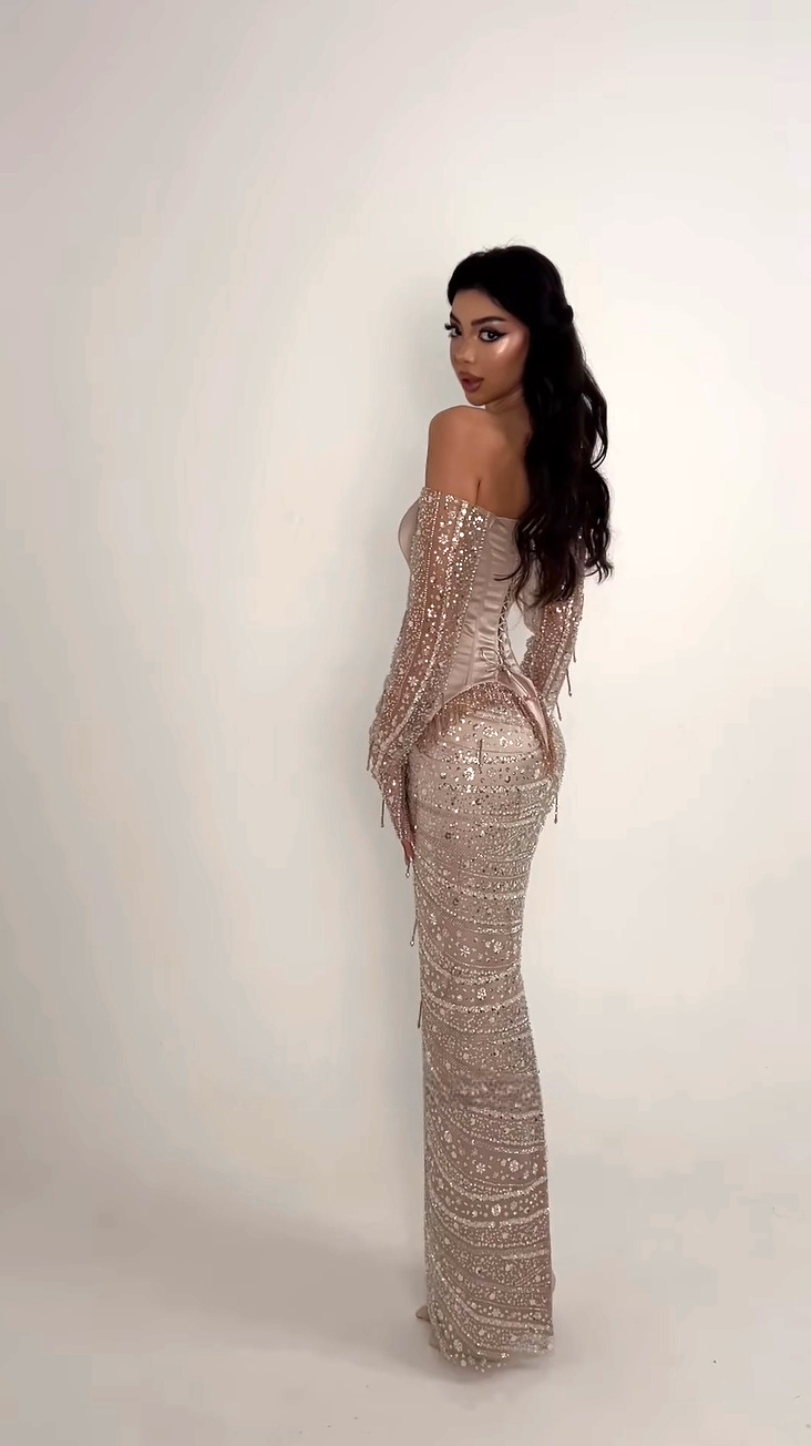 MisShow Off-Shoulder Prom Dress - Full Beaded Mermaid Evening Gown with Long Sleeves, Lace-Up Back, Ankle-Length, Customized Saudi Gown MisShow Official Store