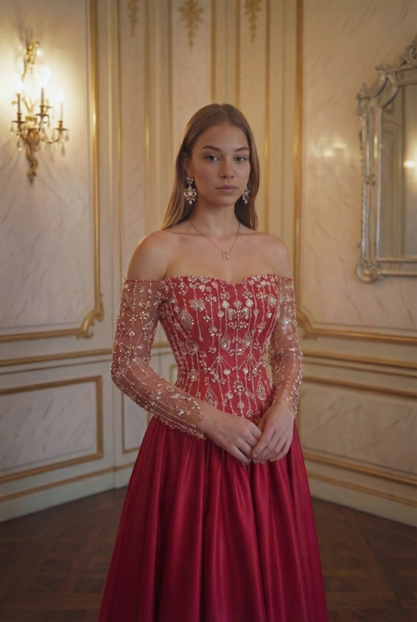 Rosalind Embroidered Satin Gown - Scarlet Red Lus Deluné