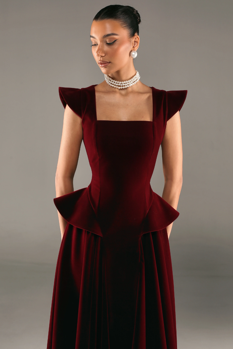 Regalia Peplum Gown - Burgundy Red Lus Deluné