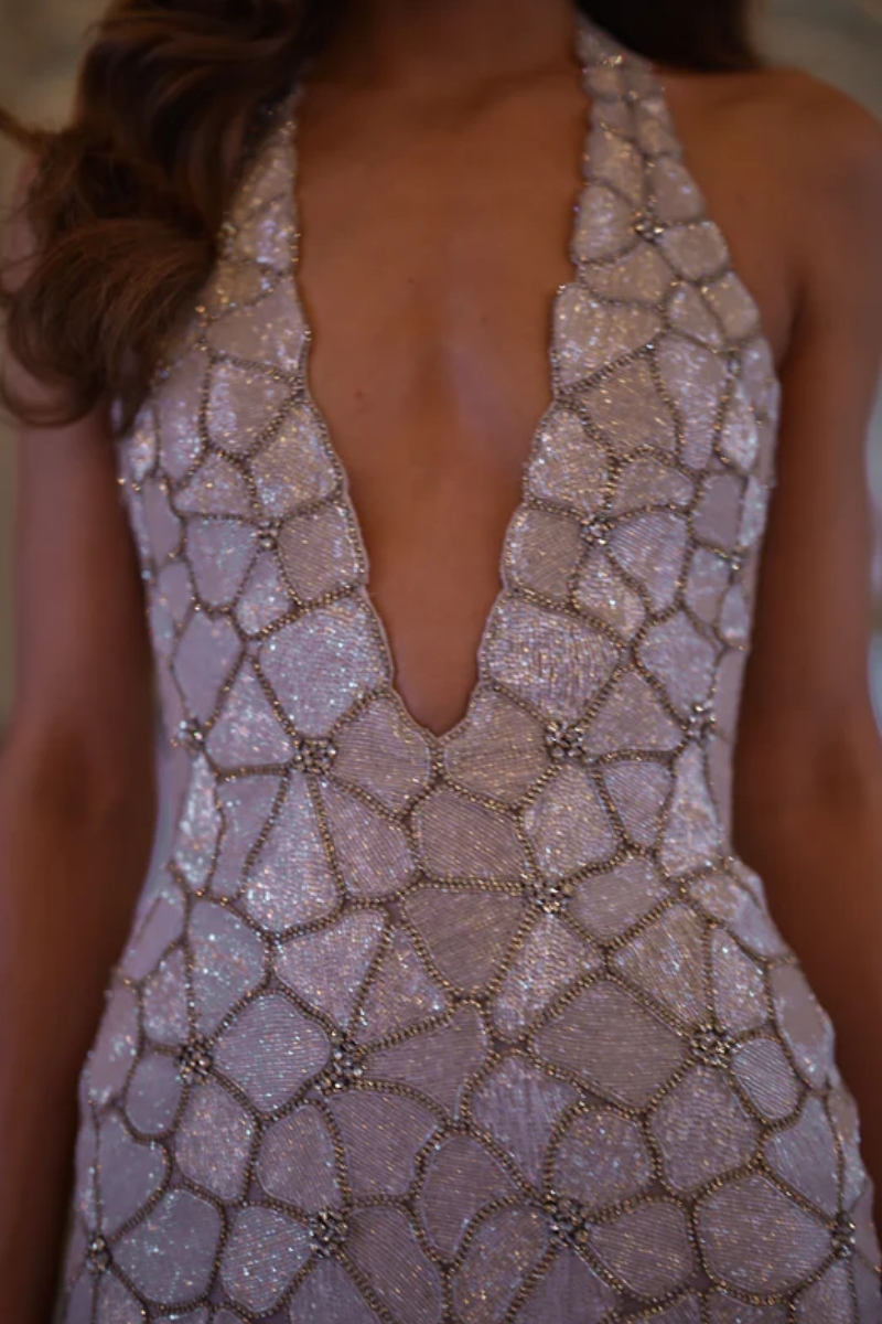 Calista Halter Mini Dress - Champagne Crystal Lus Deluné