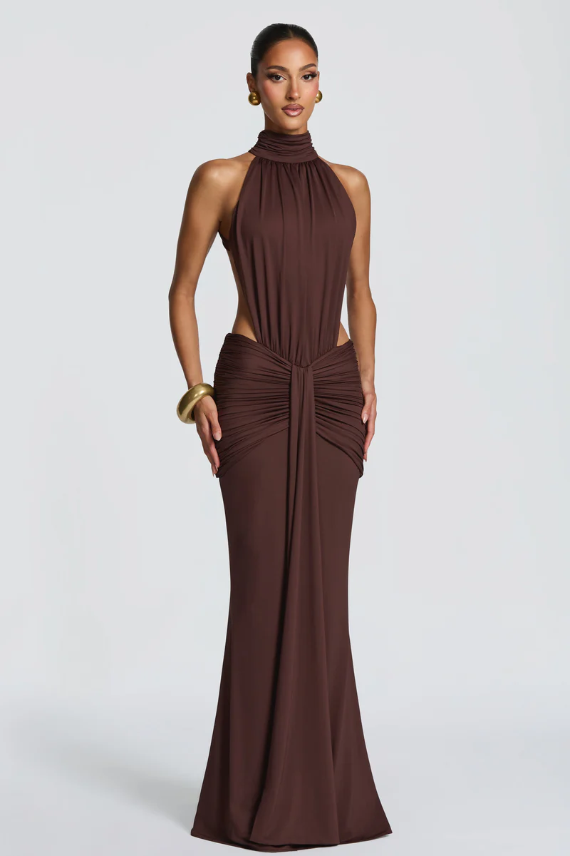 Sienna Drape Halter Gown – Chocolate Brown DIA