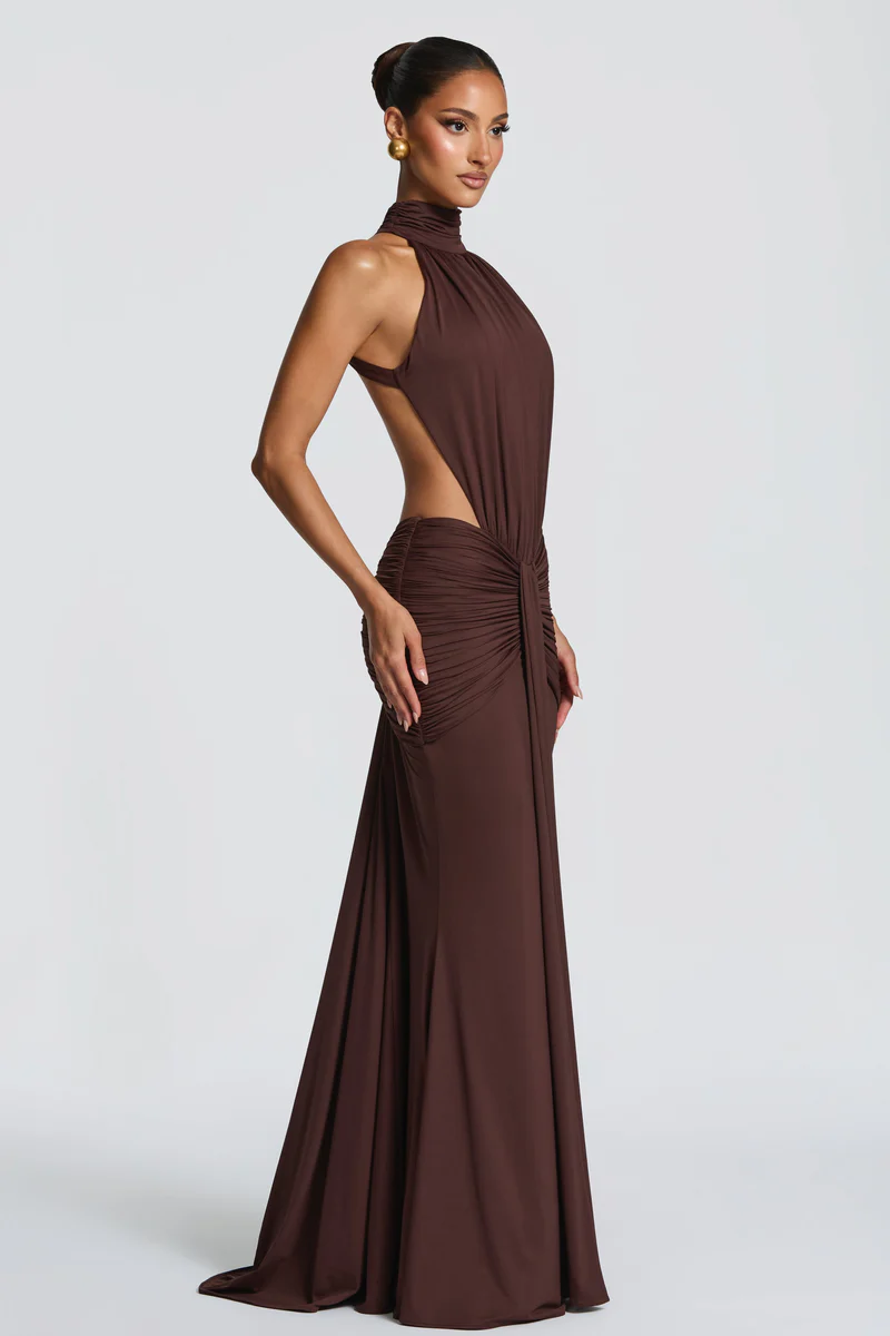 Sienna Drape Halter Gown – Chocolate Brown DIA