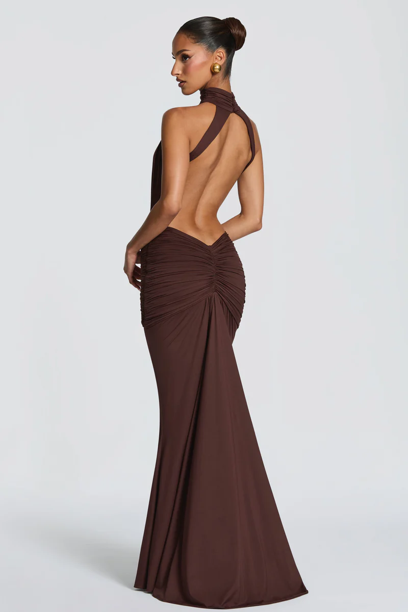 Sienna Drape Halter Gown – Chocolate Brown DIA