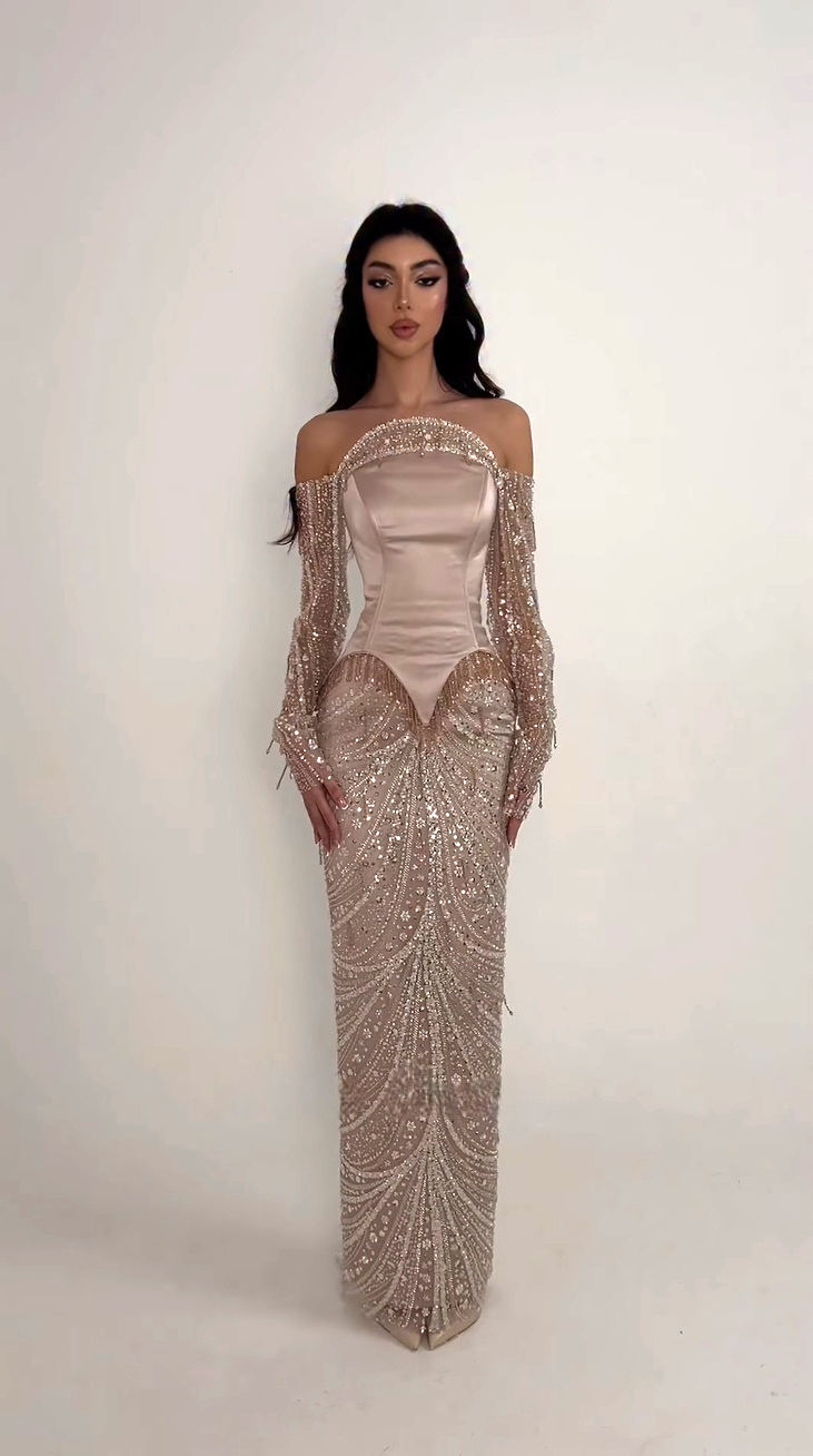 MisShow Off-Shoulder Prom Dress - Full Beaded Mermaid Evening Gown with Long Sleeves, Lace-Up Back, Ankle-Length, Customized Saudi Gown MisShow Official Store