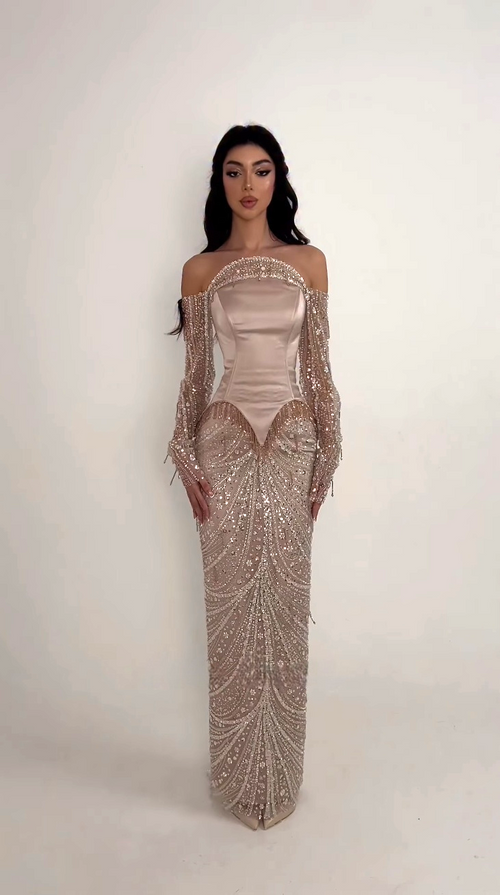 MisShow Off-Shoulder Prom Dress - Full Beaded Mermaid Evening Gown with Long Sleeves, Lace-Up Back, Ankle-Length, Customized Saudi Gown MisShow Official Store