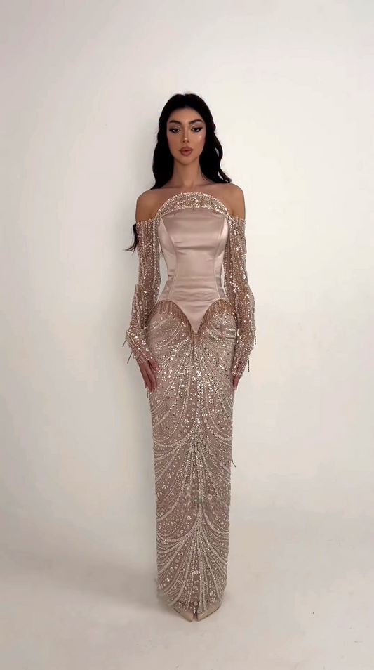 MisShow Off-Shoulder Prom Dress - Full Beaded Mermaid Evening Gown with Long Sleeves, Lace-Up Back, Ankle-Length, Customized Saudi Gown MisShow Official Store