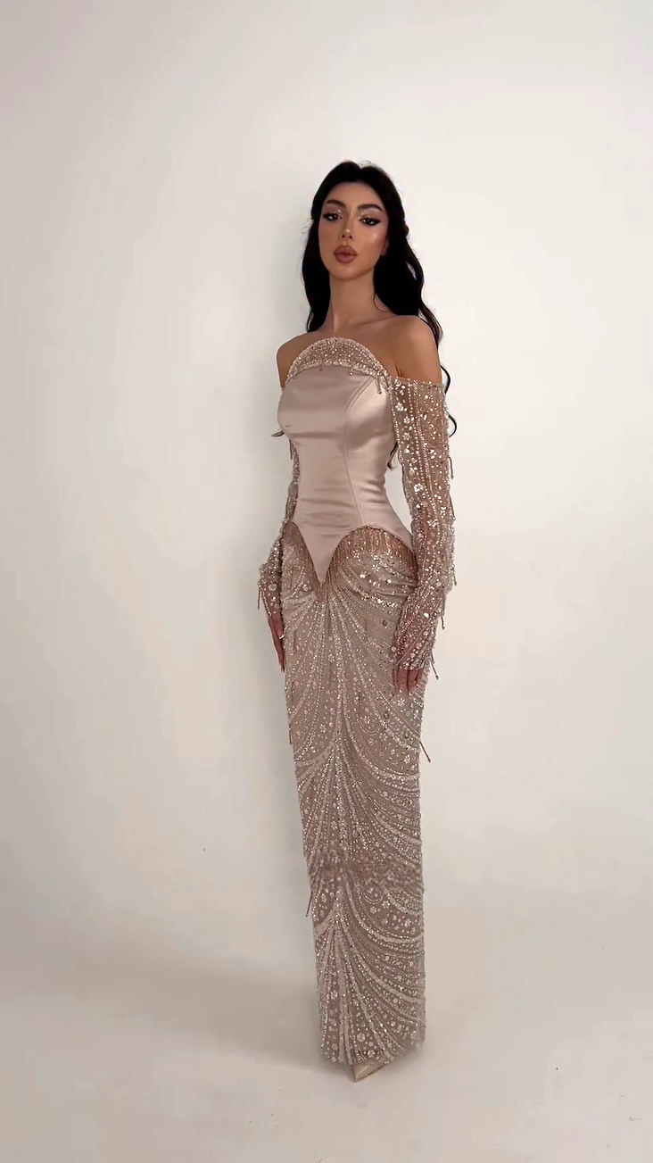 MisShow Off-Shoulder Prom Dress - Full Beaded Mermaid Evening Gown with Long Sleeves, Lace-Up Back, Ankle-Length, Customized Saudi Gown MisShow Official Store