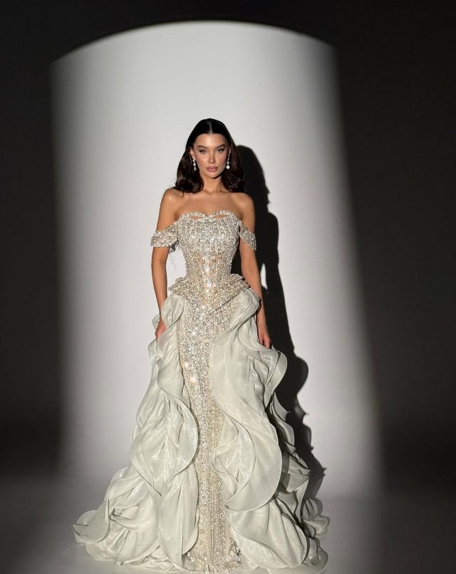 ROSES Ivory Party Dress Off Shoulder Evening Dress Glitter Crystal فستان سهرة Ruffled Prom Gown for Women Customized ROSES Store