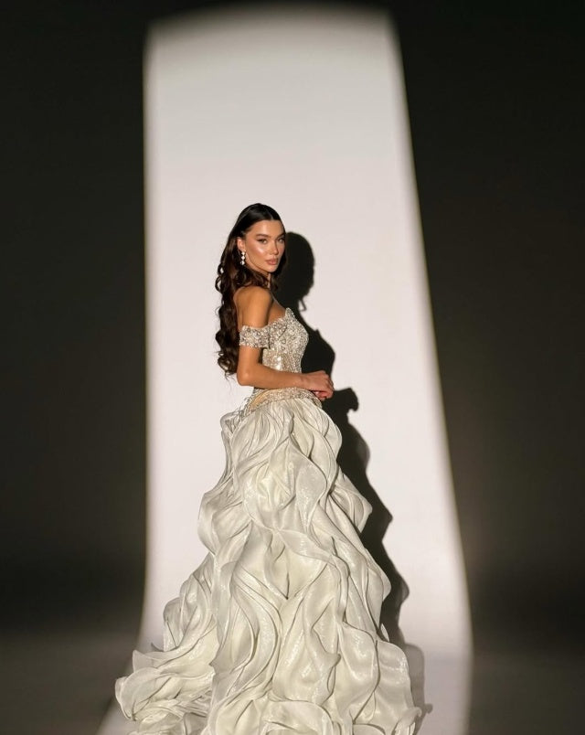 ROSES Ivory Party Dress Off Shoulder Evening Dress Glitter Crystal فستان سهرة Ruffled Prom Gown for Women Customized ROSES Store