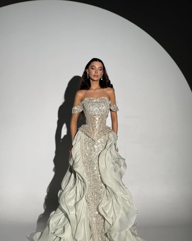 ROSES Ivory Party Dress Off Shoulder Evening Dress Glitter Crystal فستان سهرة Ruffled Prom Gown for Women Customized ROSES Store