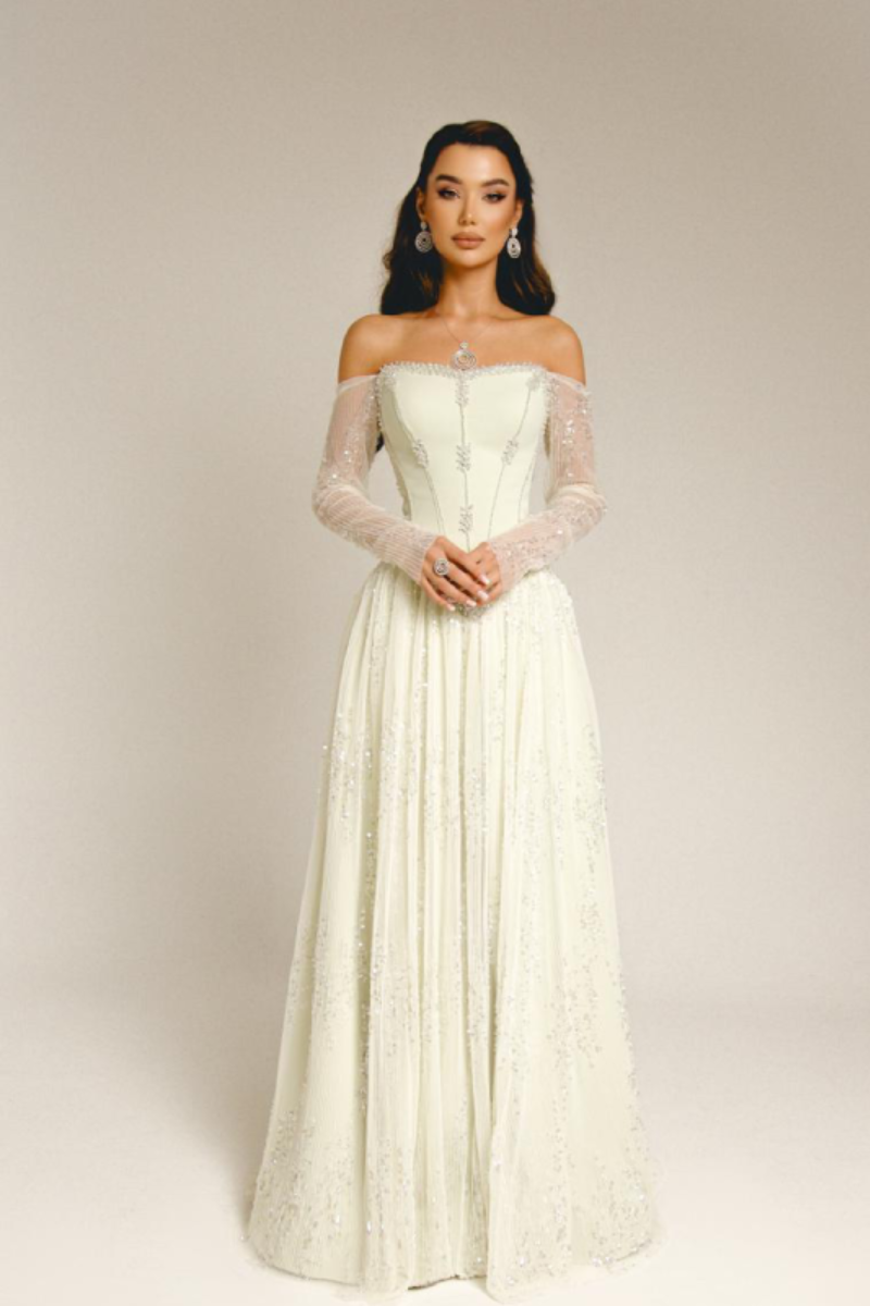 Seraphina Bardot Gown - Ivory Pearl Lus Deluné
