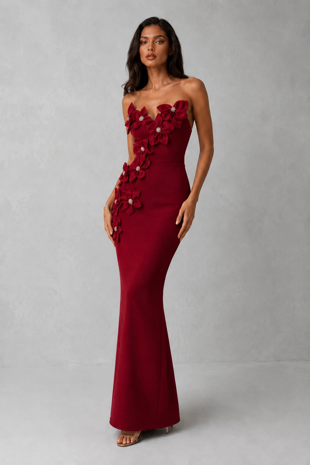 Rosalie Floral Appliqué Gown — Crimson Red Lus Deluné