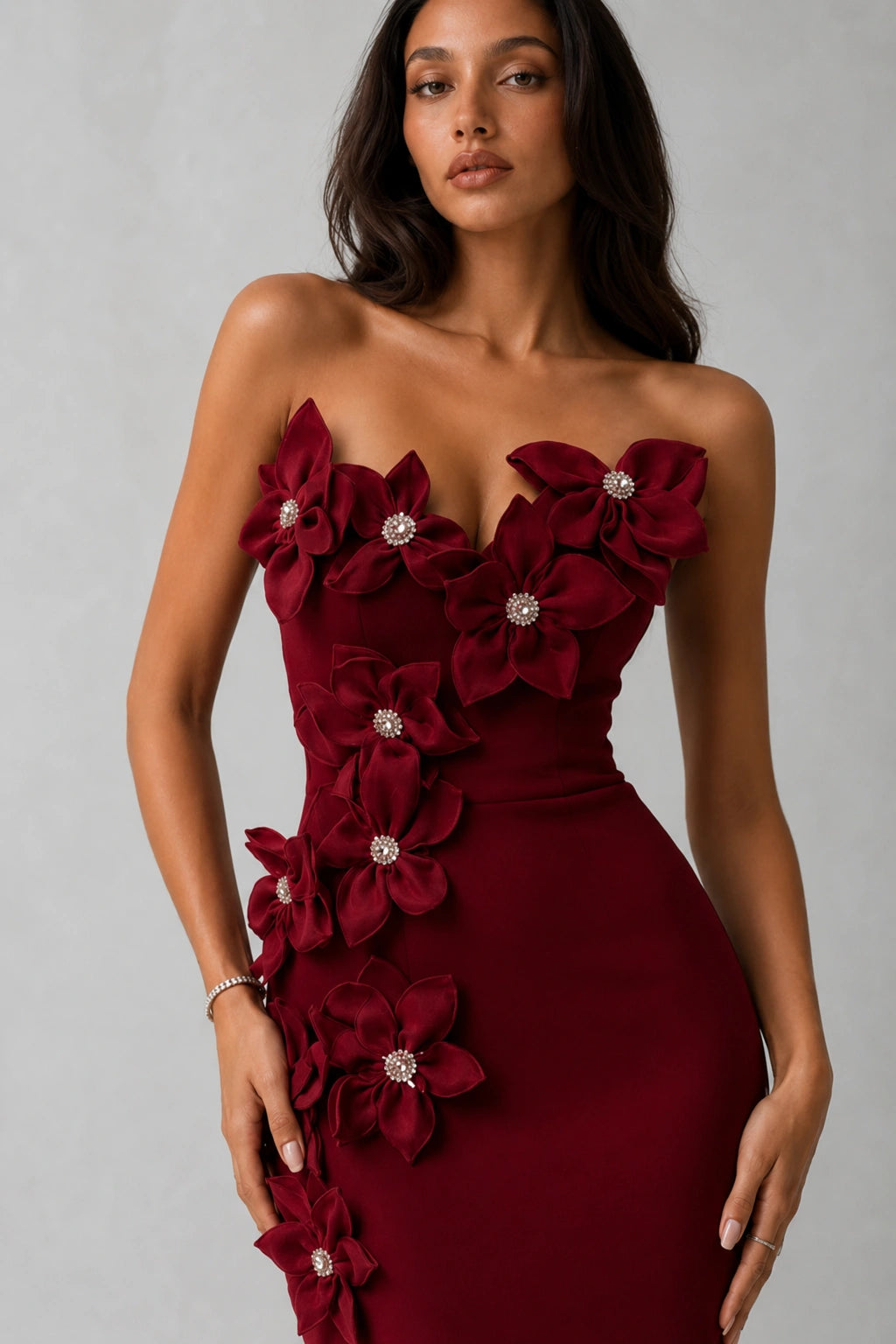 Rosalie Floral Appliqué Gown — Crimson Red Lus Deluné
