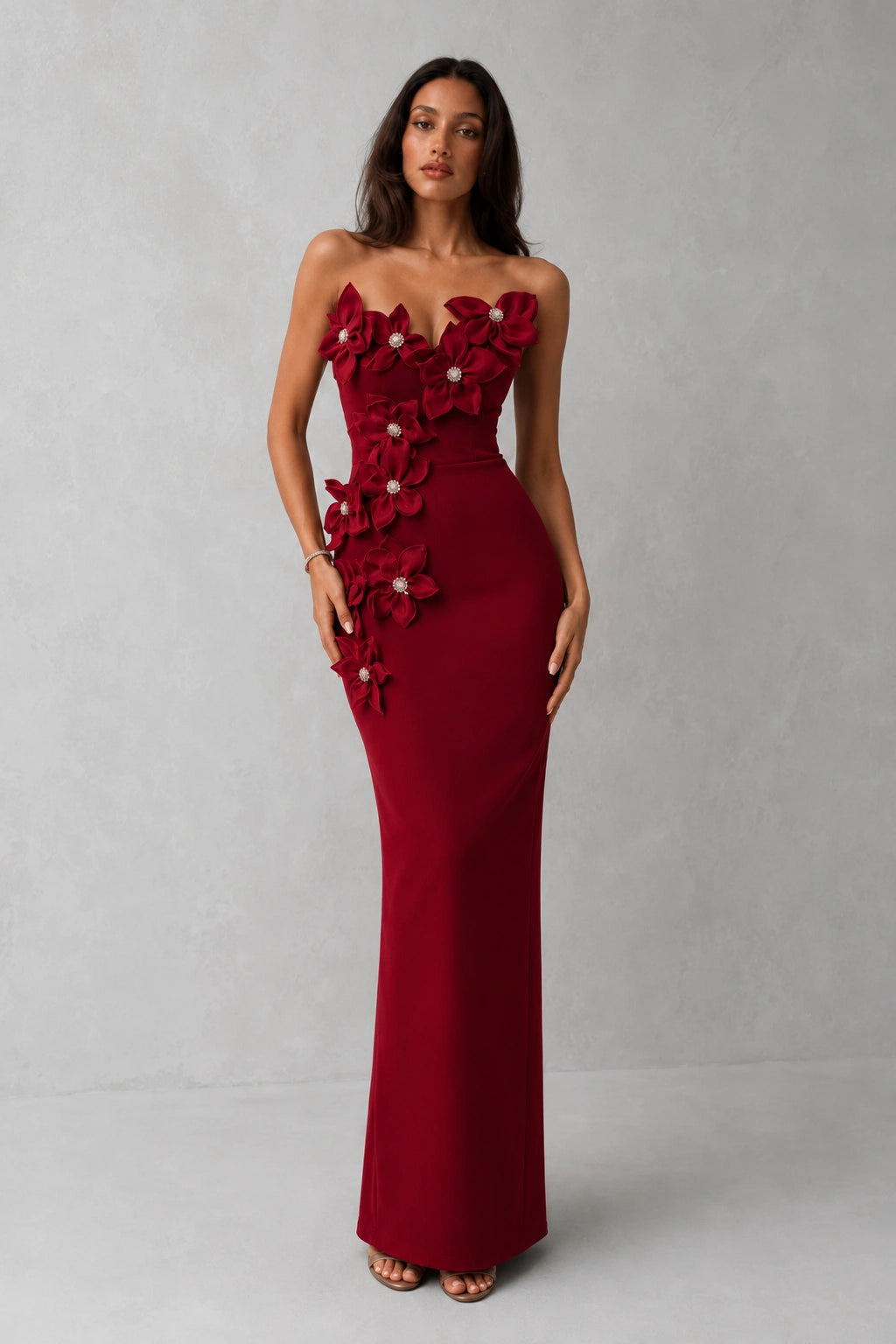 Rosalie Floral Appliqué Gown — Crimson Red Lus Deluné
