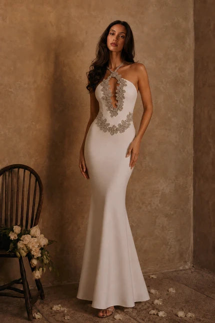 Ophelia Crystal Halter Gown — Pearl White Lus Deluné
