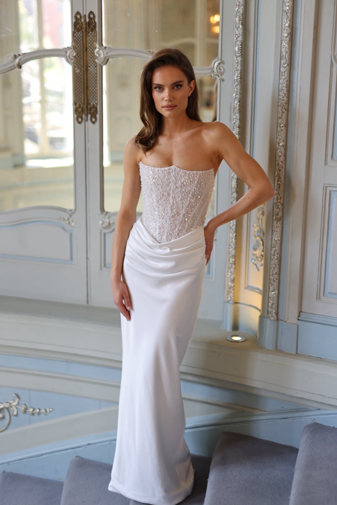 Elara Pearl Corset Gown - Ivory Blush Lus Deluné