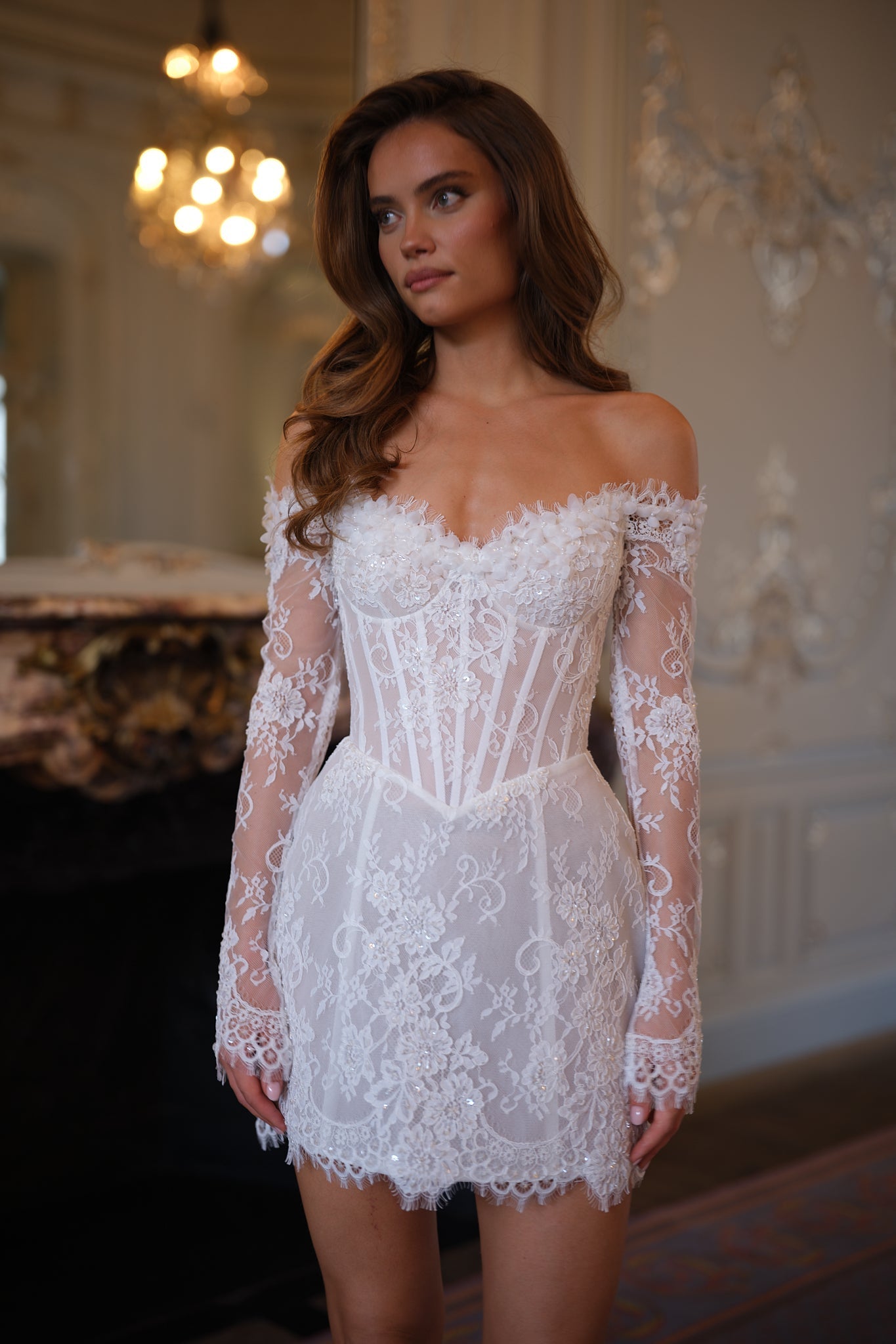 Aveline Lace Corset Mini Dress - Ivory Pearl Lus Deluné