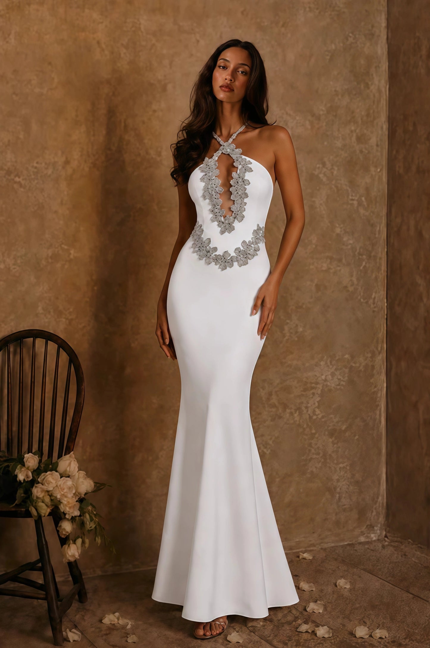 Ophelia Crystal Halter Gown — Pearl White Lus Deluné