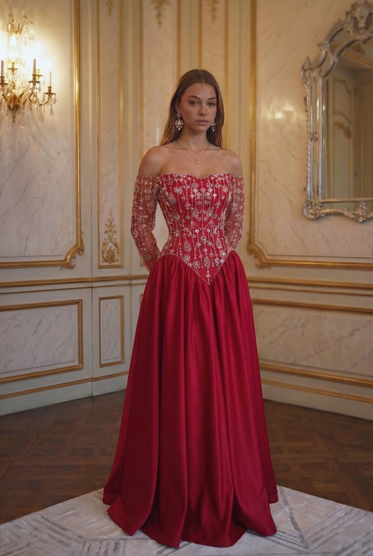 Rosalind Embroidered Satin Gown - Scarlet Red Lus Deluné