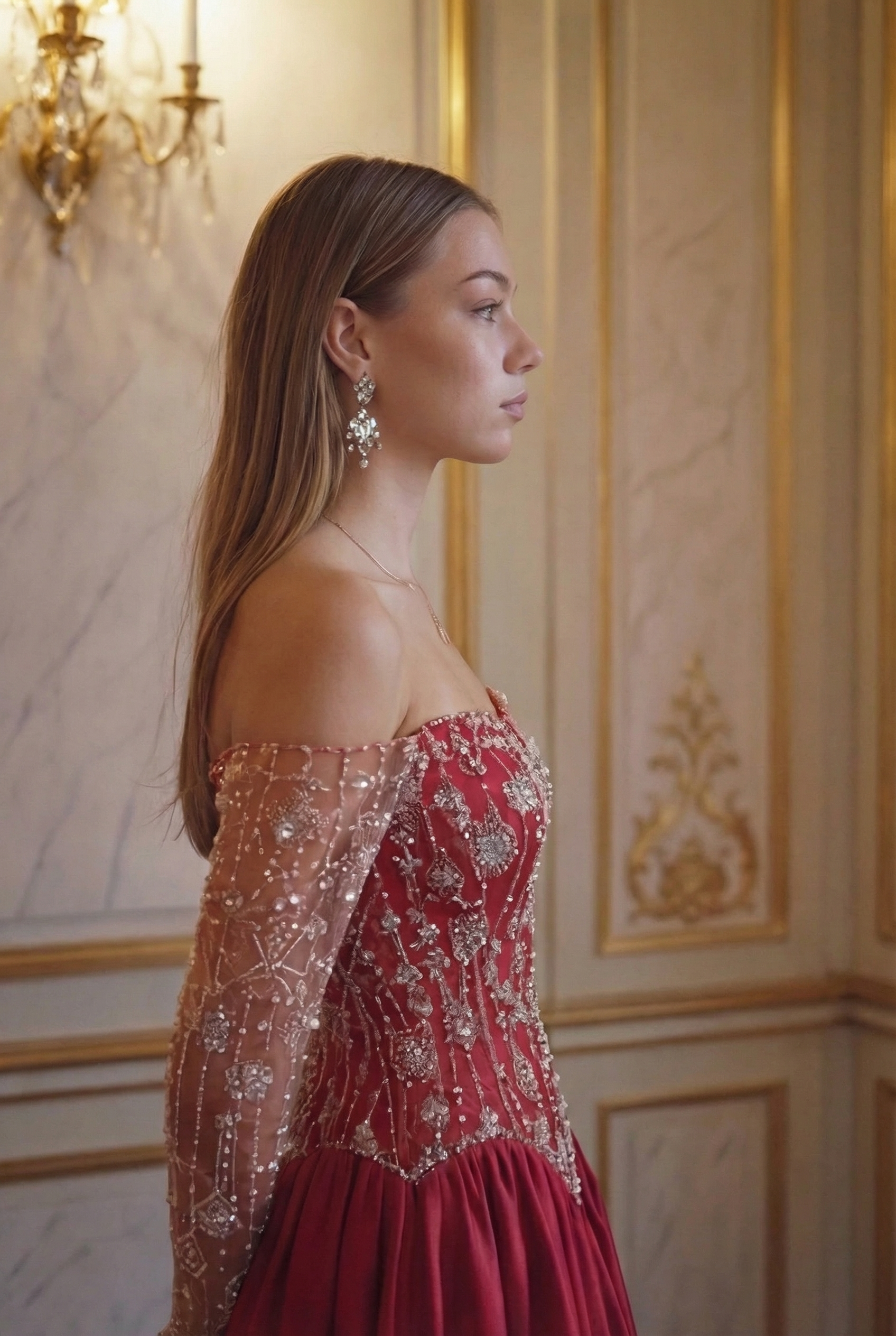 Rosalind Embroidered Satin Gown - Scarlet Red Lus Deluné