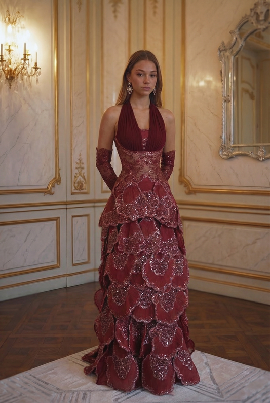 Poppy Petal Tier Gown - Crimson Rose Lus Deluné