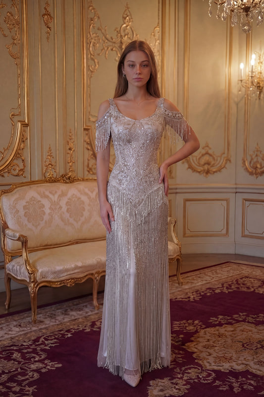 Cascade Crystal Fringe Gown - Champagne Silver Lus Deluné