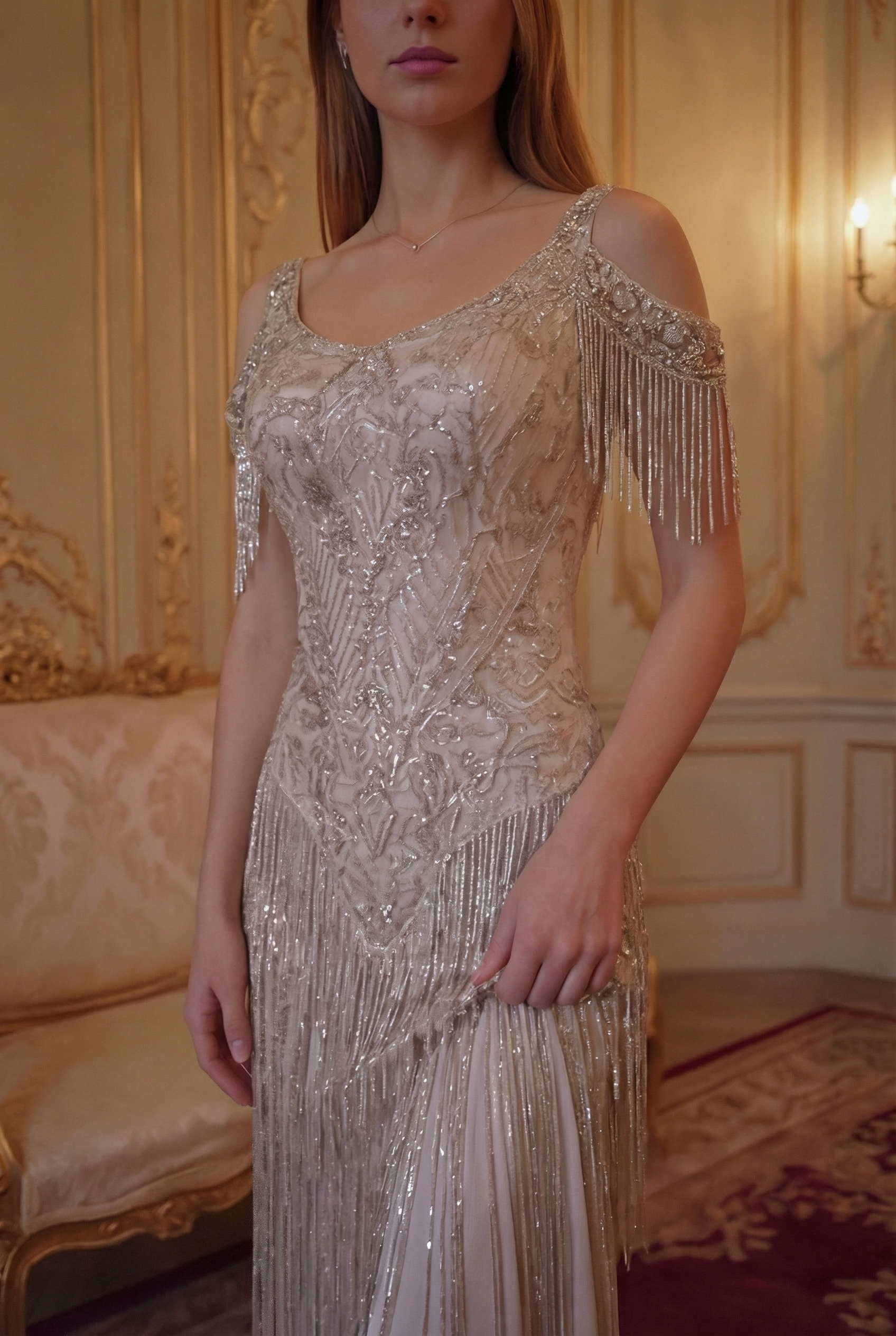 Cascade Crystal Fringe Gown - Champagne Silver Lus Deluné