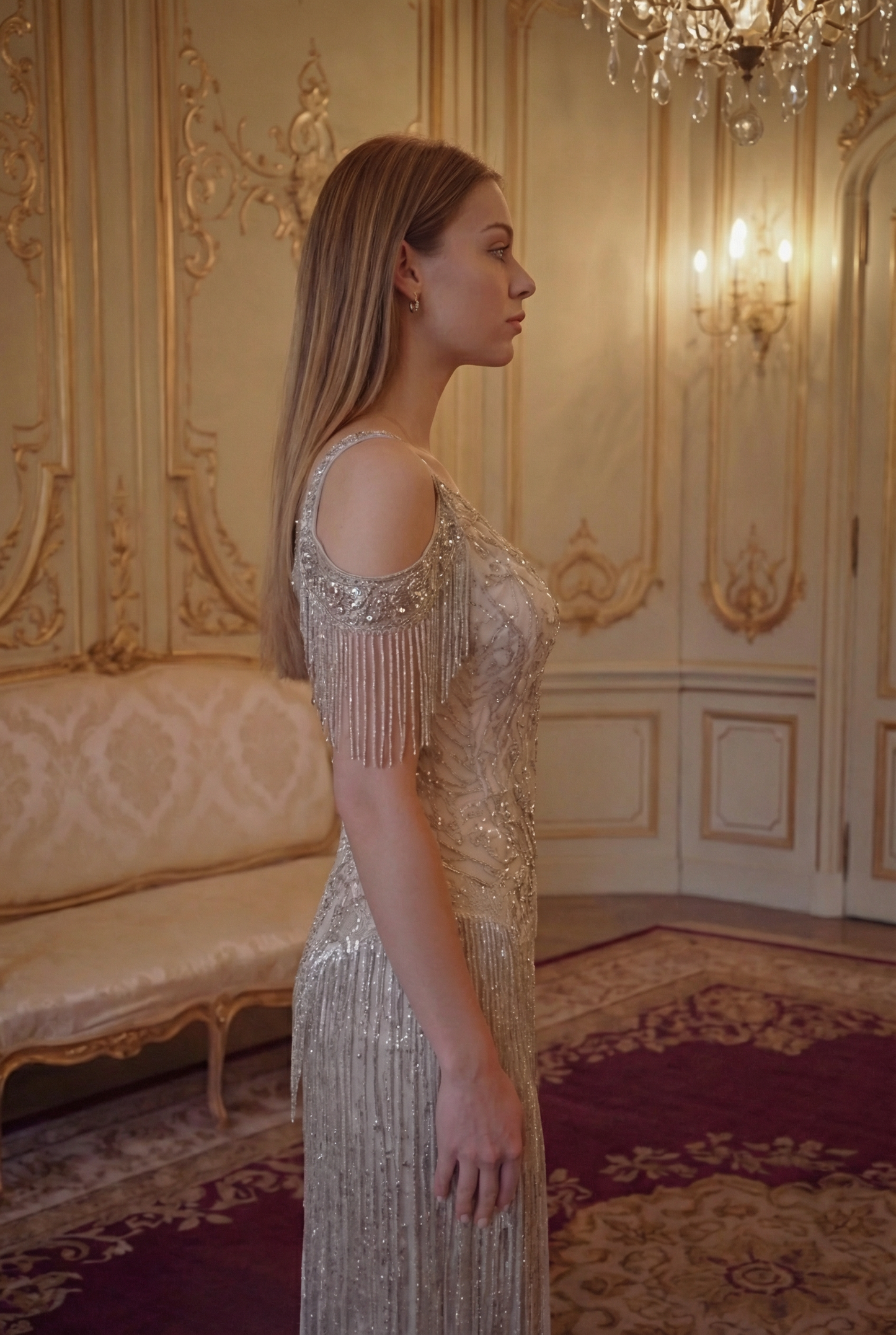 Cascade Crystal Fringe Gown - Champagne Silver Lus Deluné