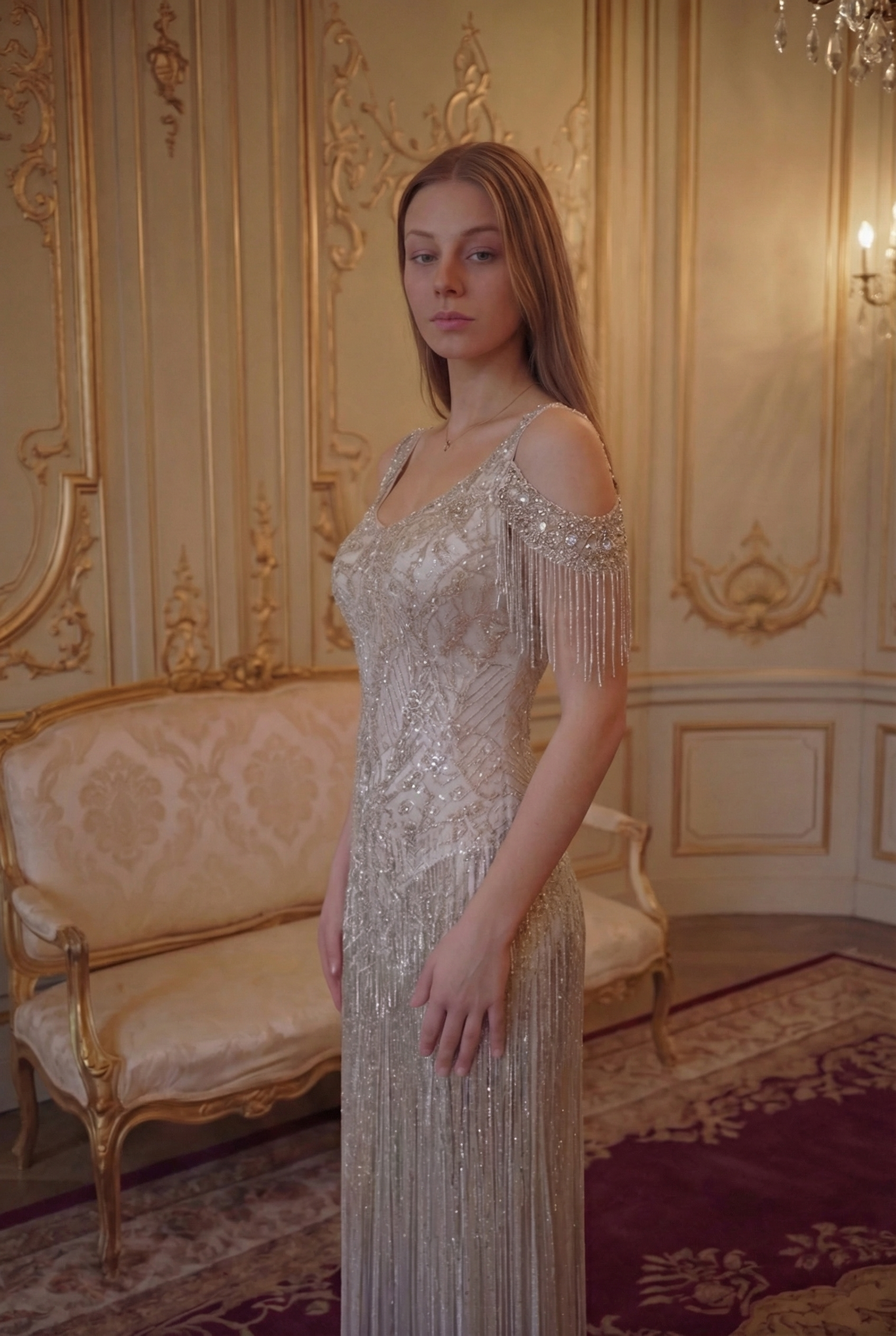 Cascade Crystal Fringe Gown - Champagne Silver Lus Deluné