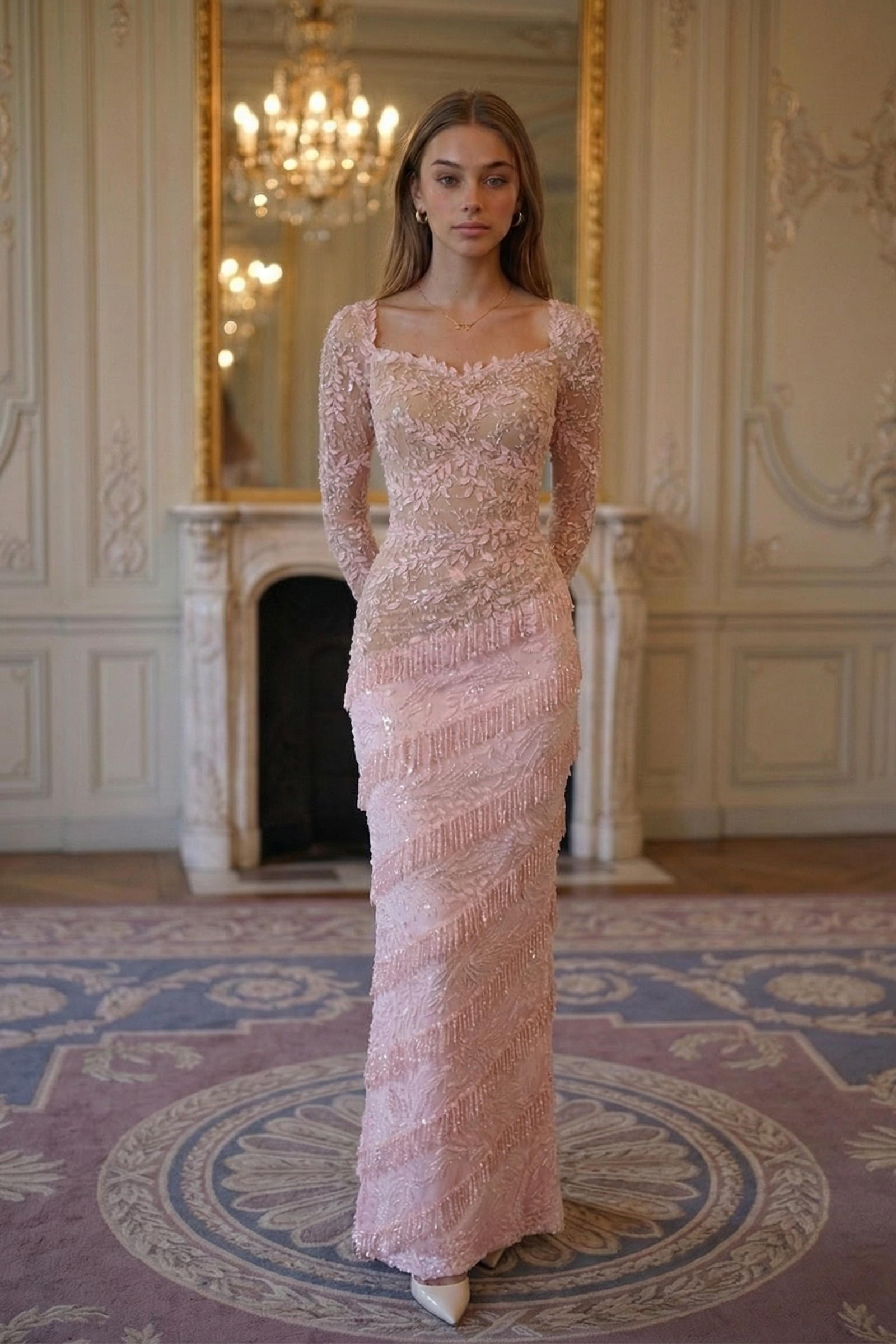 Rosette Lace Fringe Column Gown - Blush Pink Lus Deluné