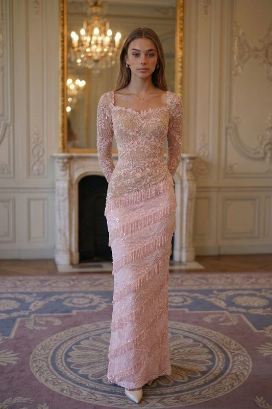 Rosette Lace Fringe Column Gown - Blush Pink Lus Deluné