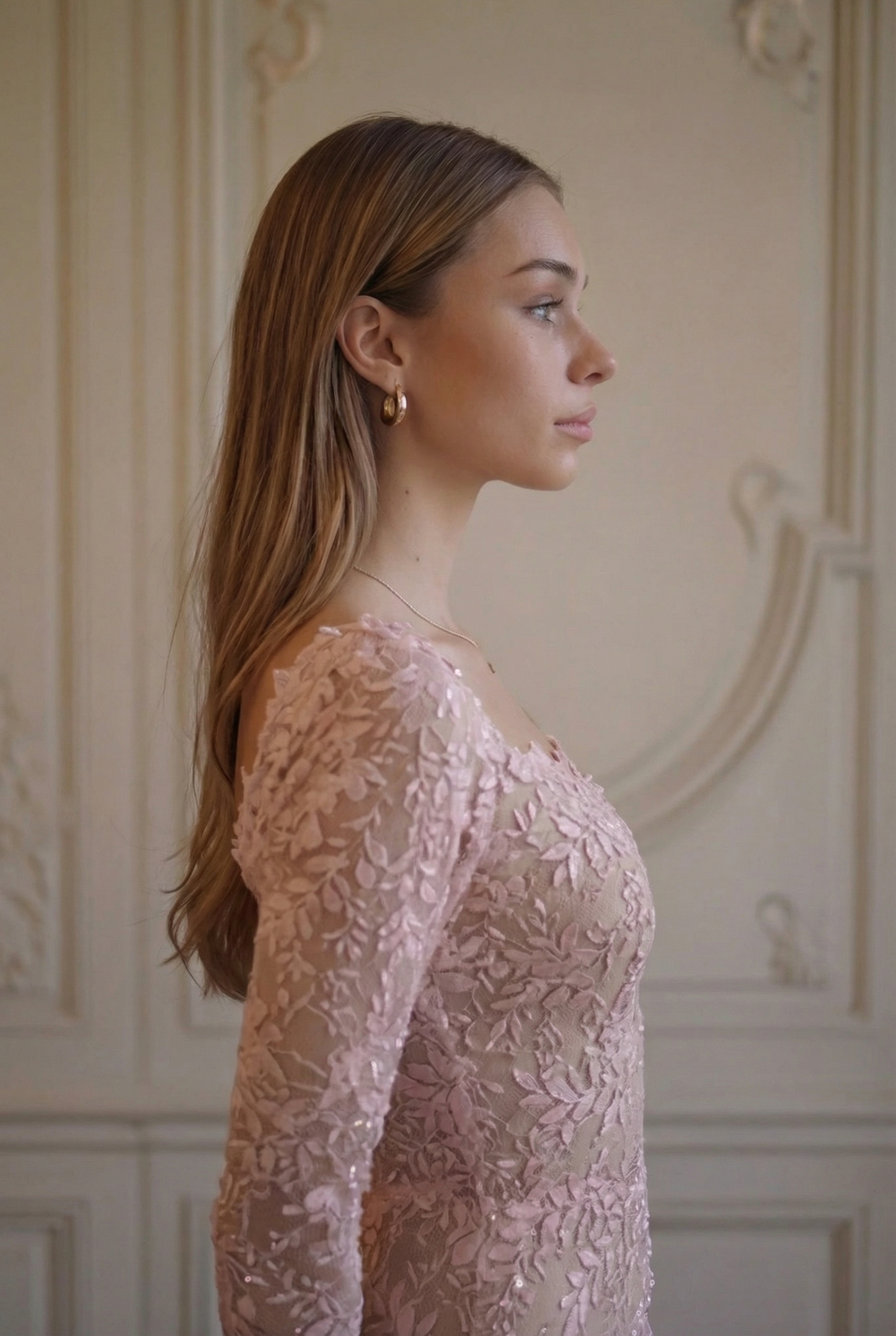 Rosette Lace Fringe Column Gown - Blush Pink Lus Deluné