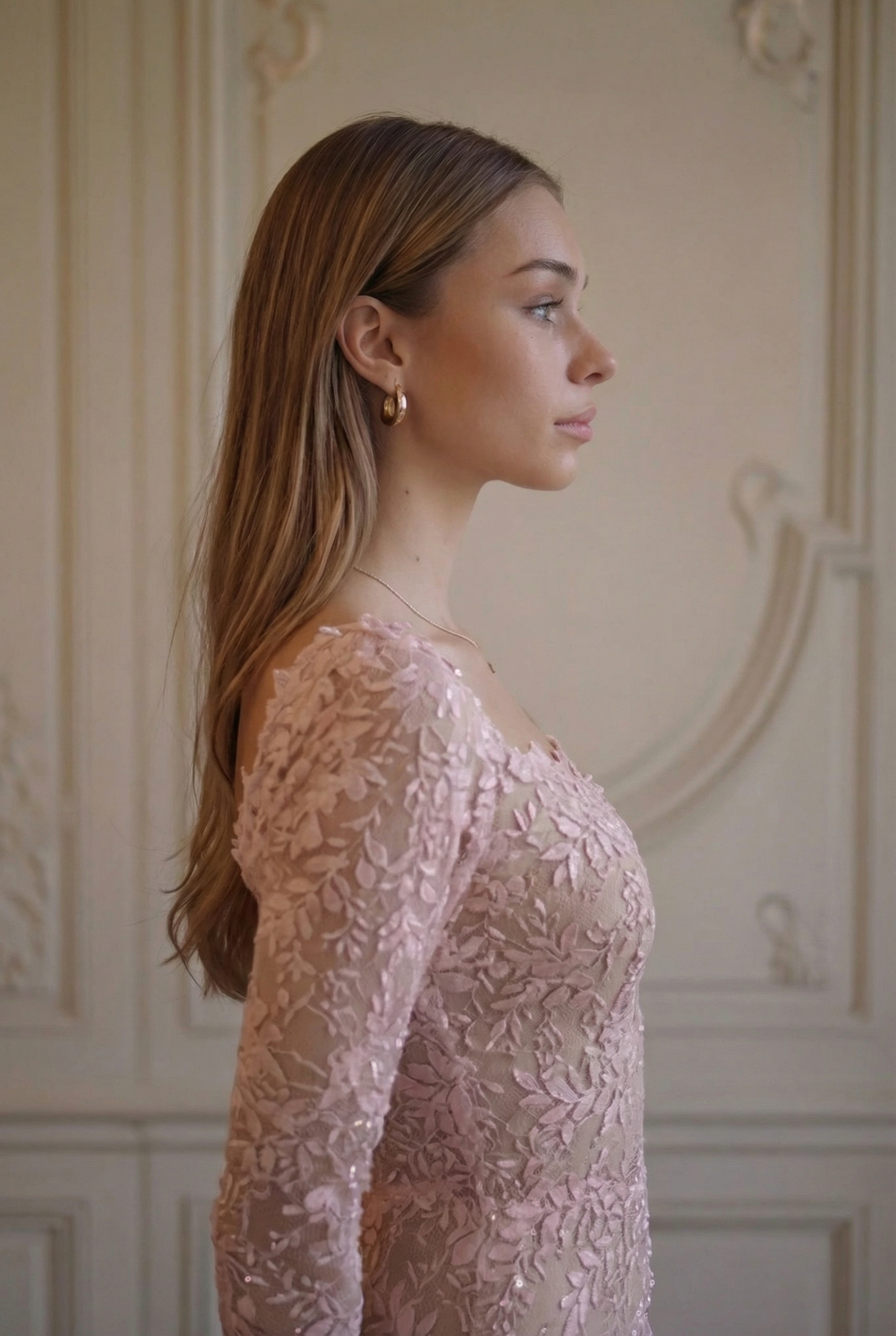 Rosette Lace Fringe Column Gown - Blush Pink Lus Deluné