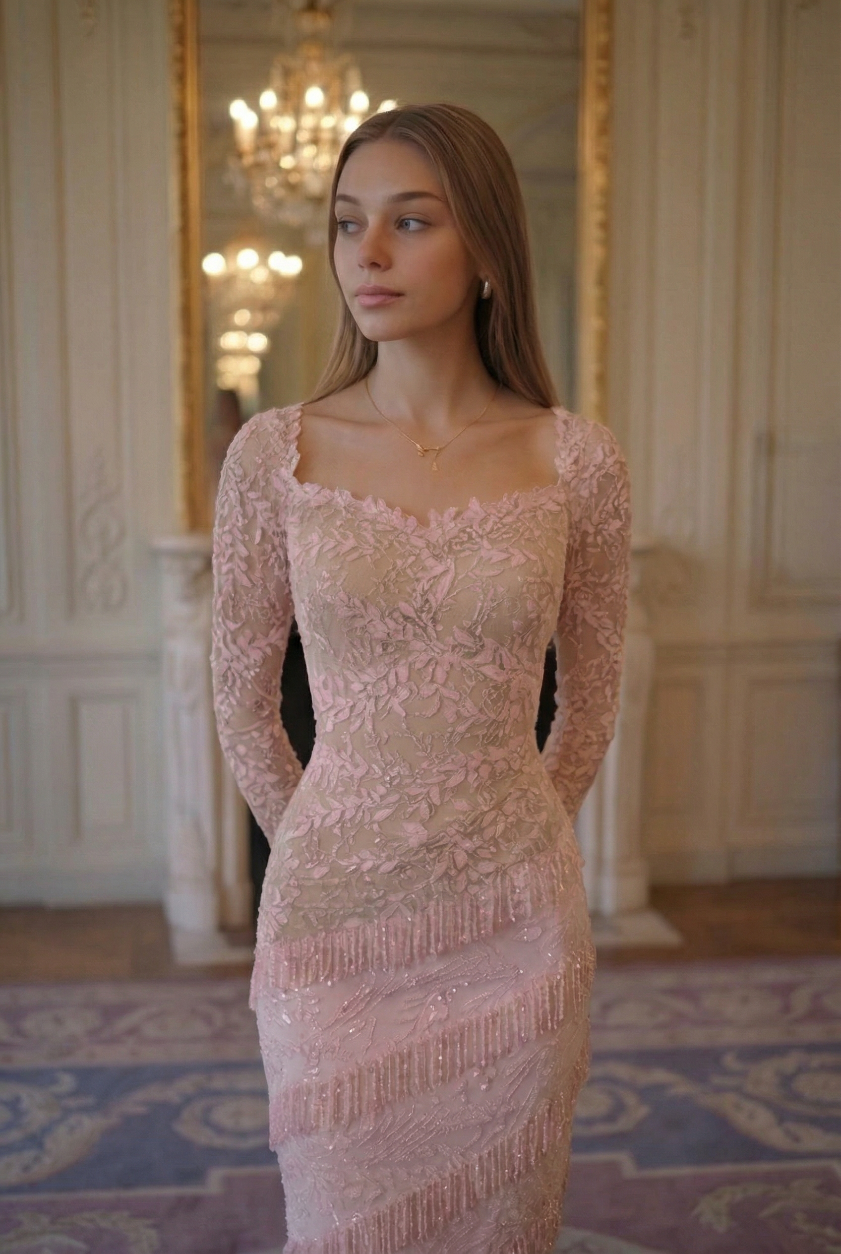 Rosette Lace Fringe Column Gown - Blush Pink Lus Deluné
