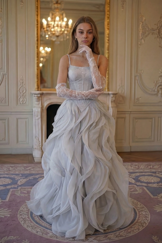 Celeste Ruffle Ballgown - Misty Silver Lus Deluné
