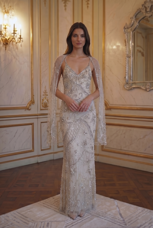 Celestial Cape Gown - Ivory Silver Lus Deluné