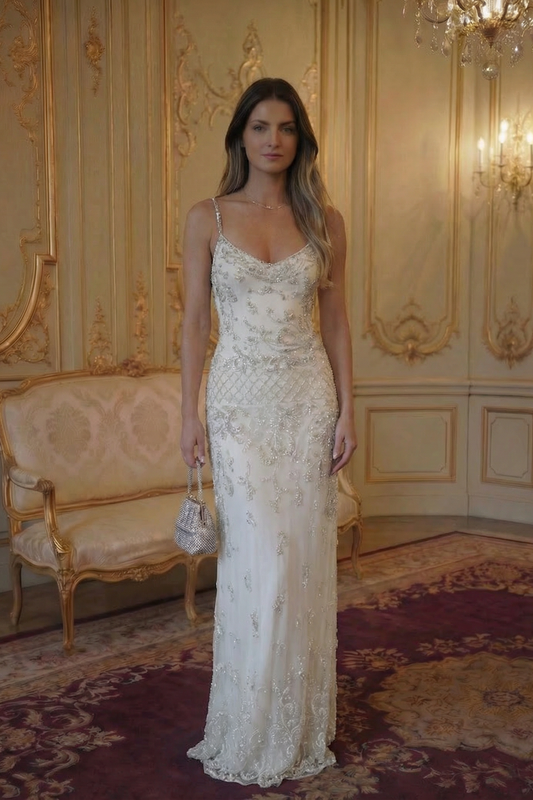 Celeste Beaded Column Gown - Pearl Ivory Lus Deluné