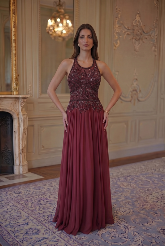 Garnet Halter Ballgown - Deep Burgundy Lus Deluné