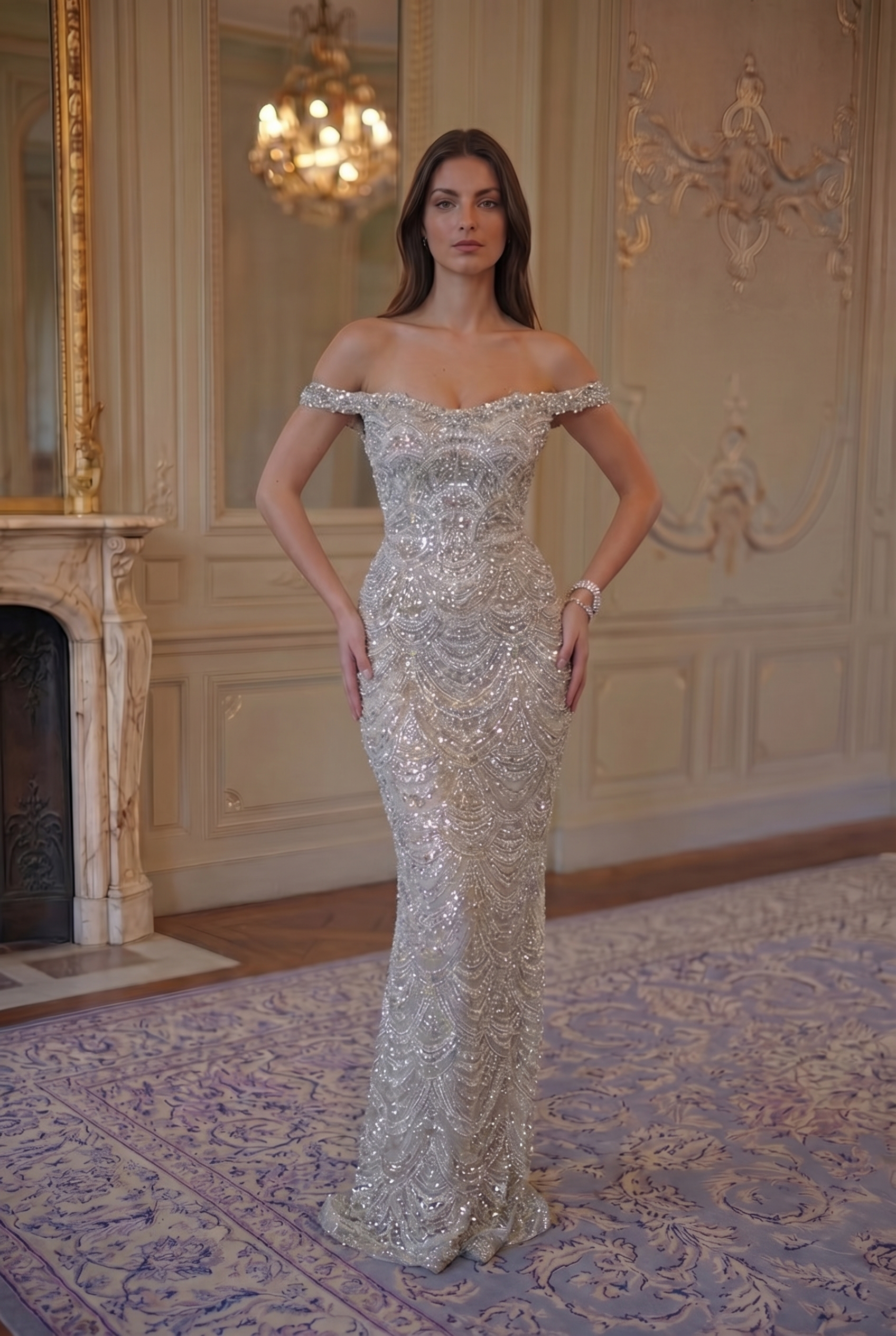 Crystal Scallop Off-Shoulder Gown - Champagne Crystal Lus Deluné