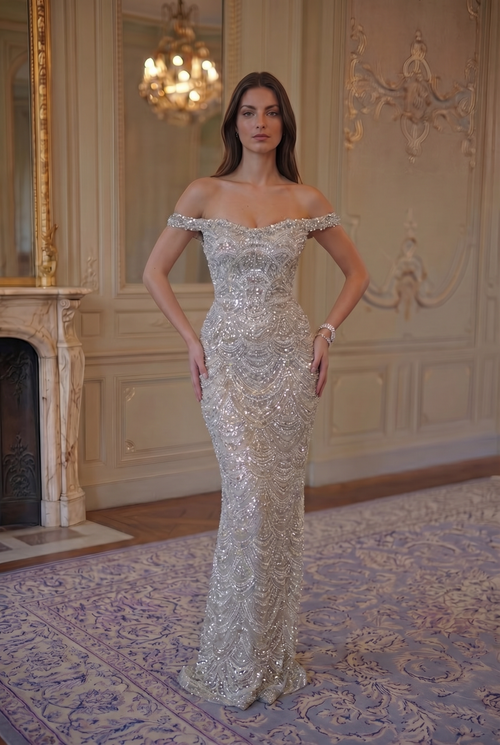 Crystal Scallop Off-Shoulder Gown - Champagne Crystal Lus Deluné