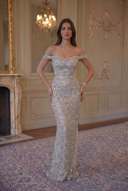 Crystal Scallop Off-Shoulder Gown - Champagne Crystal Lus Deluné
