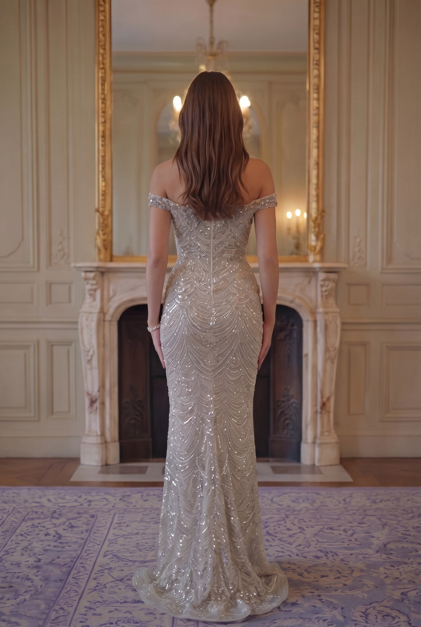 Crystal Scallop Off-Shoulder Gown - Champagne Crystal Lus Deluné