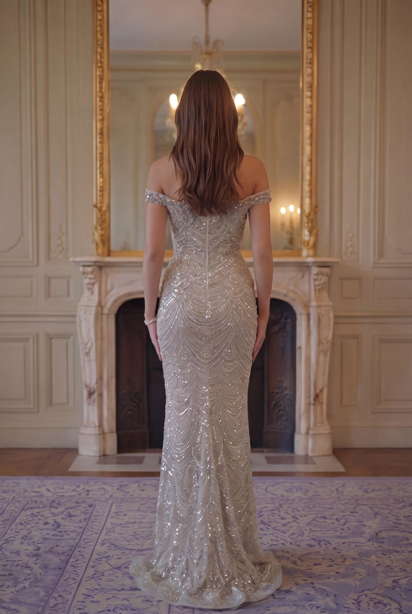 Crystal Scallop Off-Shoulder Gown - Champagne Crystal Lus Deluné