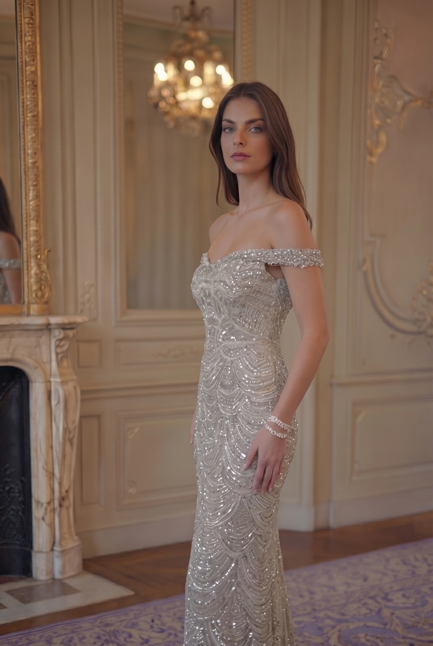Crystal Scallop Off-Shoulder Gown - Champagne Crystal Lus Deluné