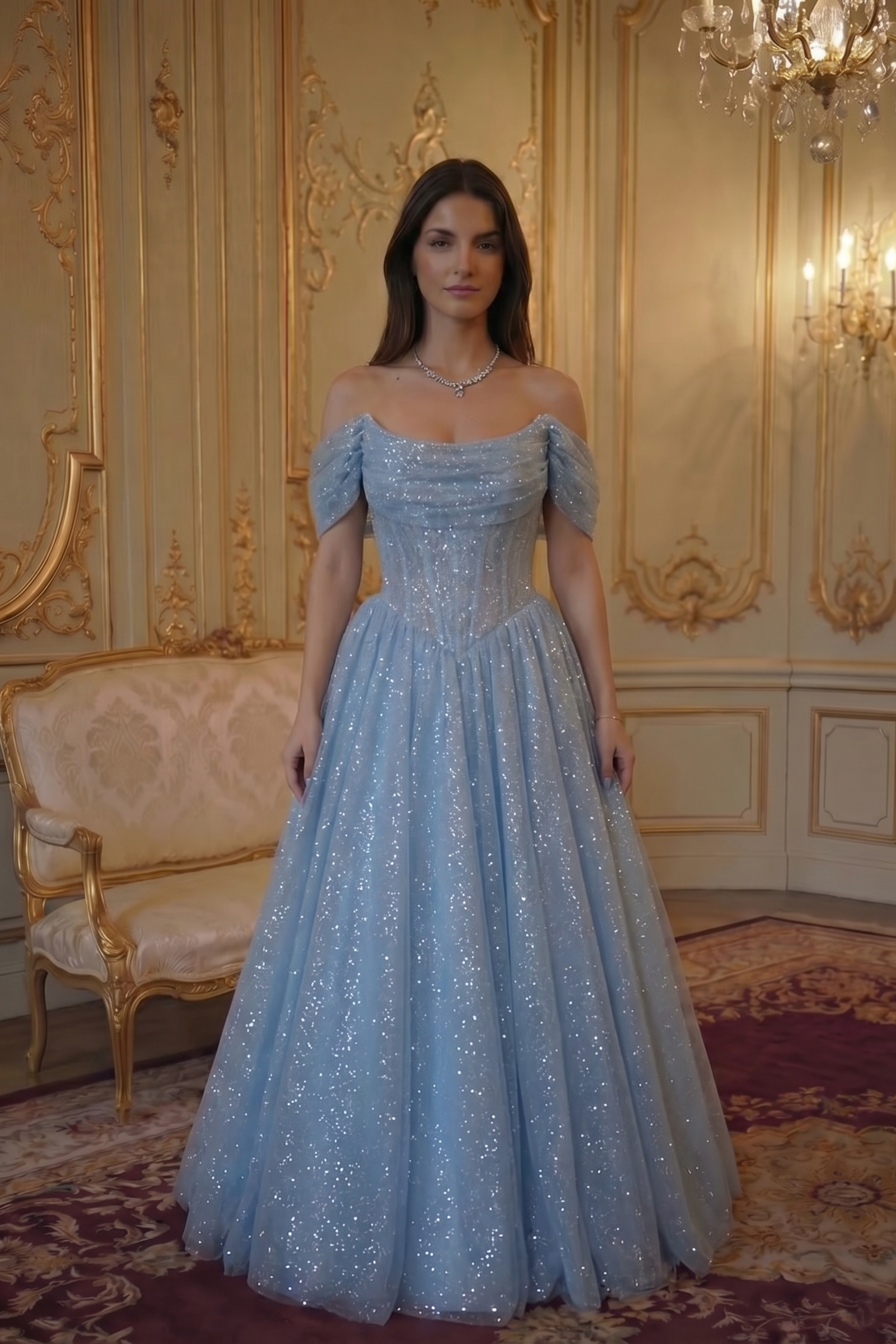 Reverie Glitter Off-Shoulder Ballgown - Powder Blue Lus Deluné