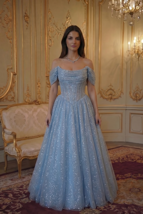 Reverie Glitter Off-Shoulder Ballgown - Powder Blue Lus Deluné