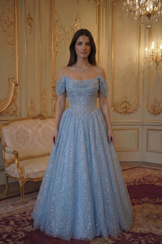 Reverie Glitter Off-Shoulder Ballgown - Powder Blue Lus Deluné