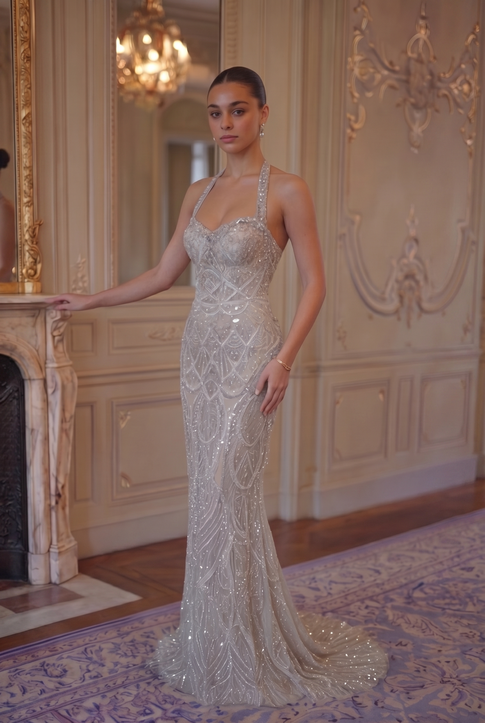Lumière Crystal Halter Gown - Champagne Silver Lus Deluné