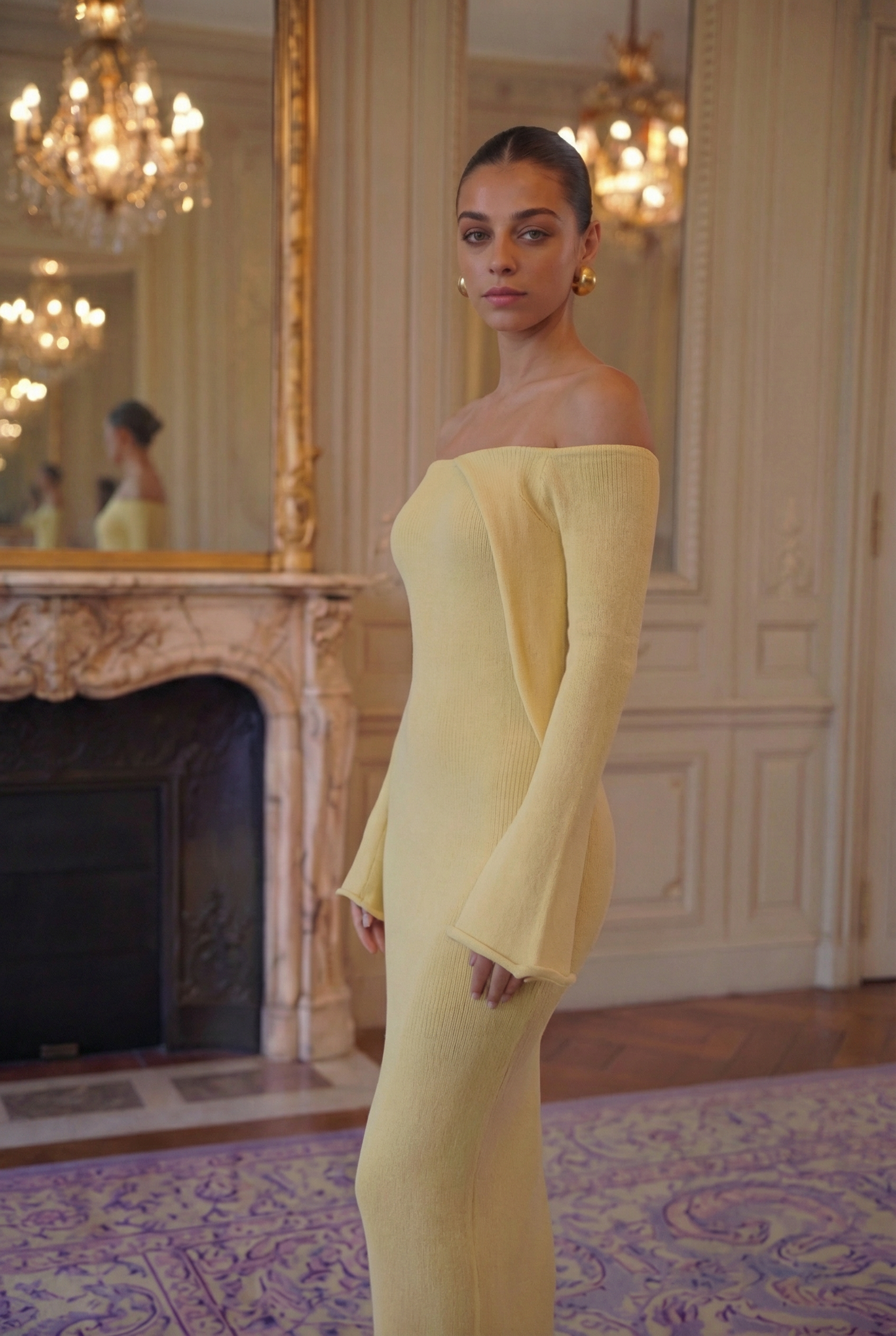 Petal Sleeve Off-Shoulder Knit Gown - Citrine Yellow Lus Deluné