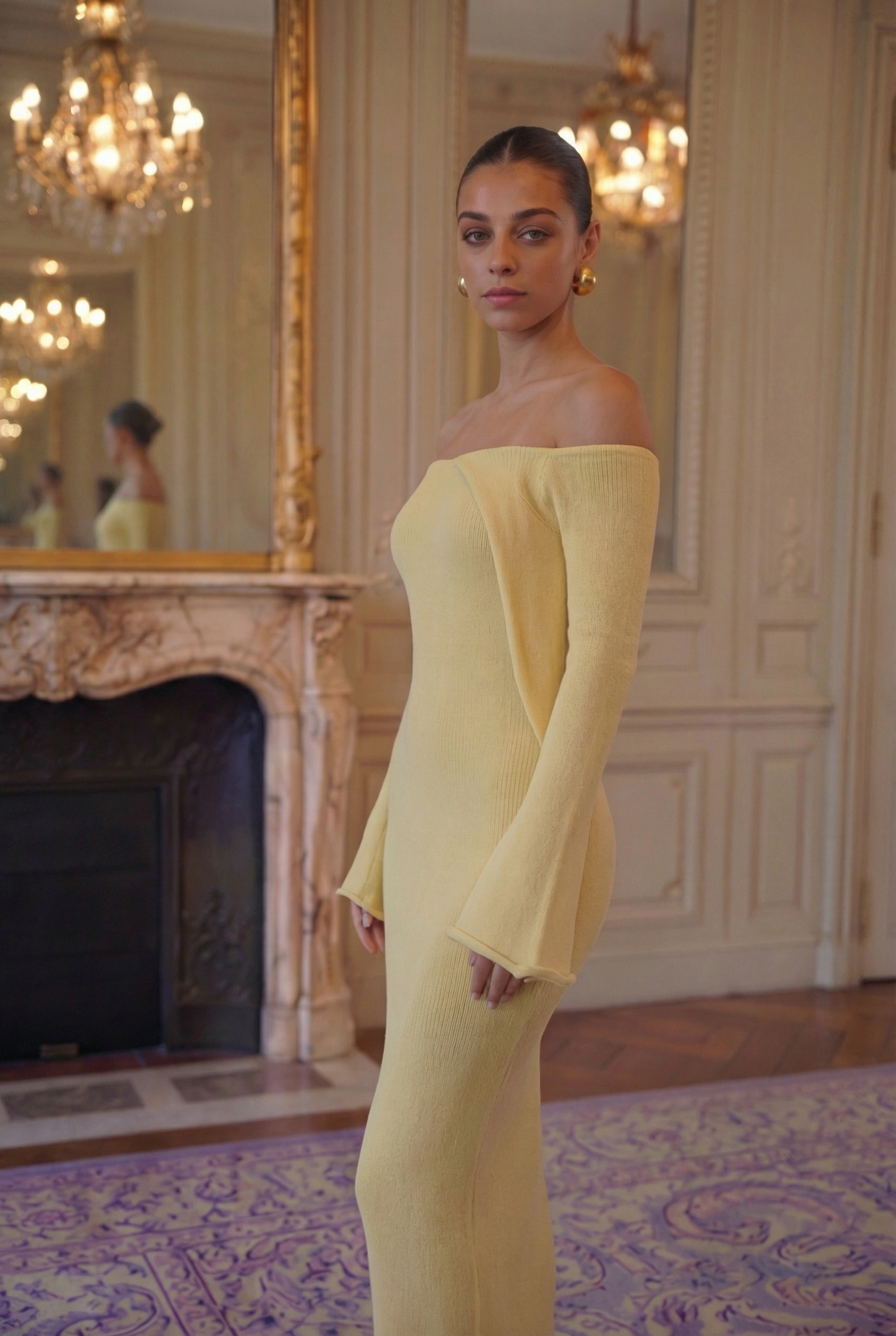 Petal Sleeve Off-Shoulder Knit Gown - Citrine Yellow Lus Deluné